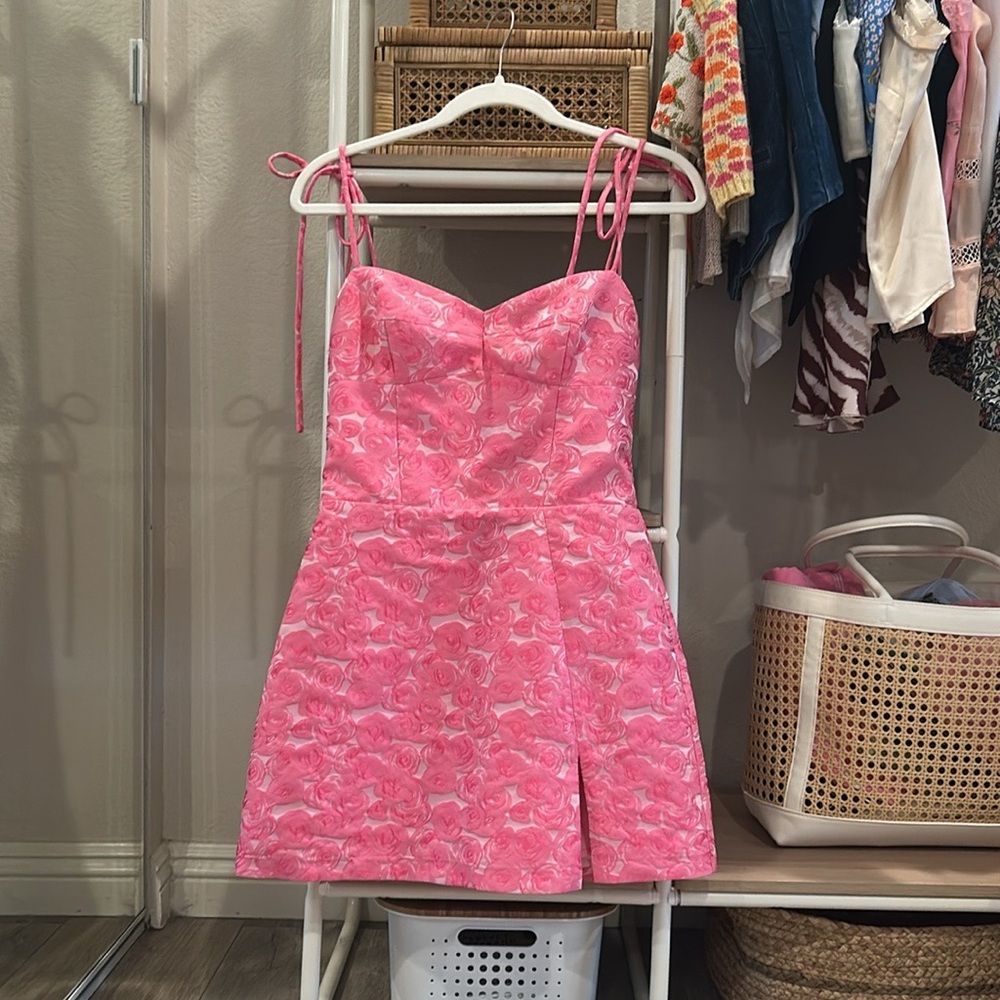 Amanda Uprichard Pink Floral Jacquard Tie-Shoulder Mini Dress
